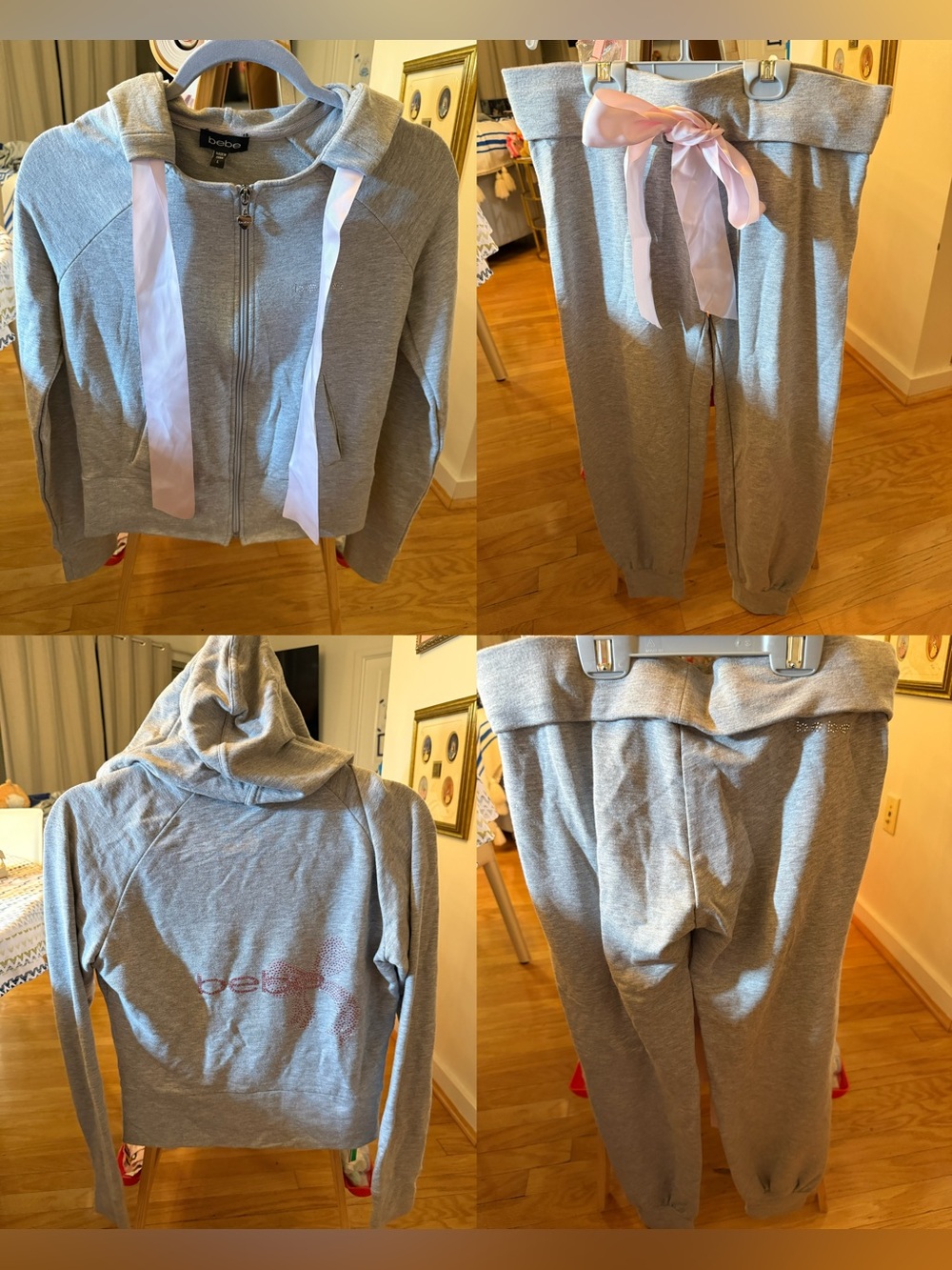 NWT Bebe Gray Rhinestone Bow Zip Hoodie Jogger Sweatpants Lounge Set L M